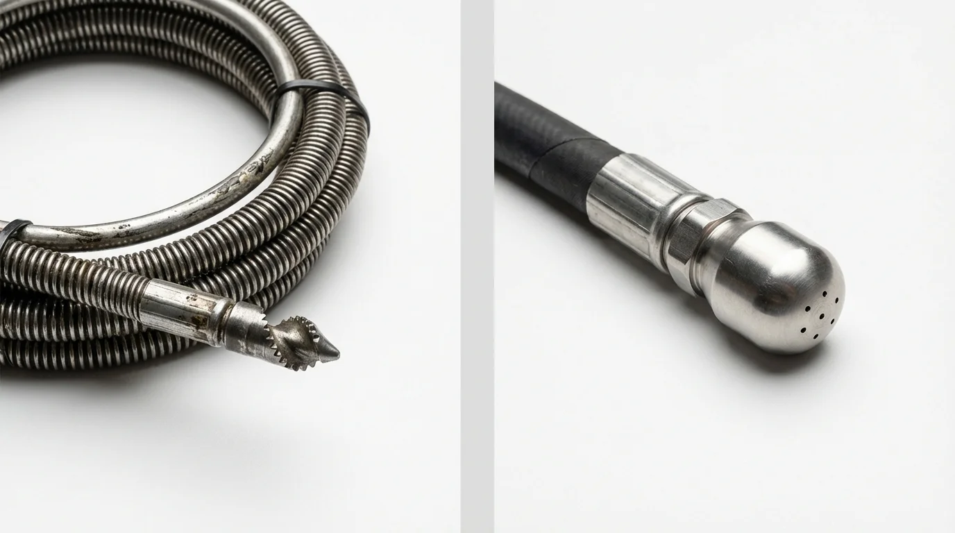 Drain snake cable and hydro jetting nozzle used for drain cleaning in Middletown, RI