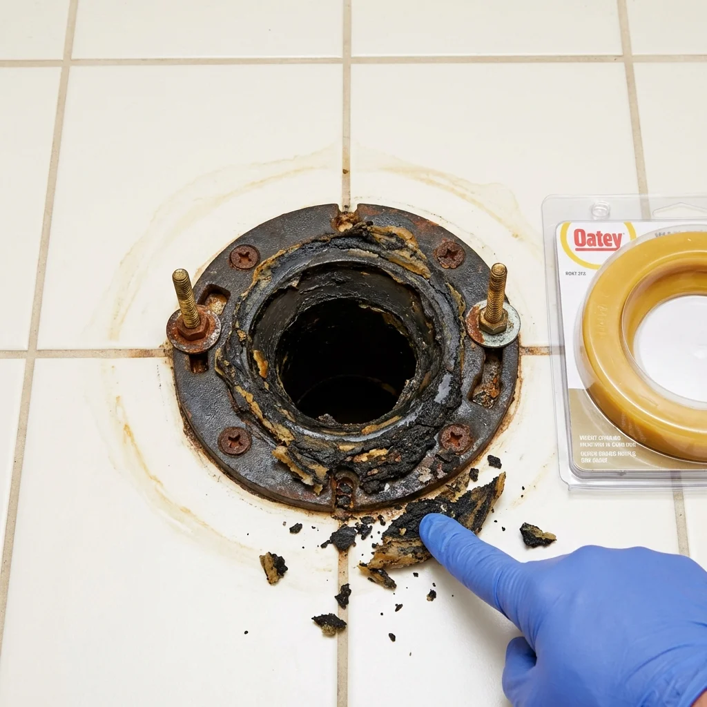Failed wax ring showing water seepage at the base of a toilet in a Middletown, RI home
