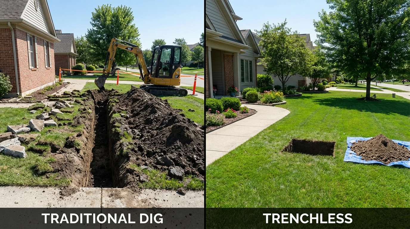 Trenchless sewer repair with minimal yard damage versus traditional excavation in Middletown, RI