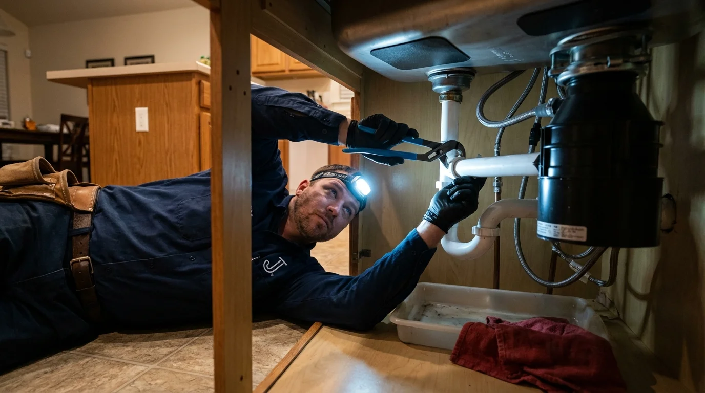 P-trap and supply line connections under a kitchen sink showing a common leak point in Middletown, RI